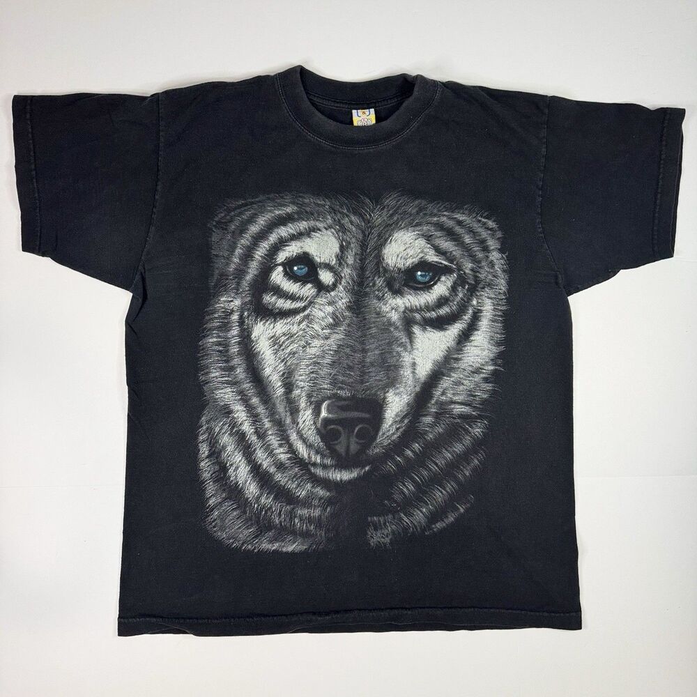 Vintage Wolf TShirt Mens XL Black All Over Print AOP Nature Wildlife Graphic Y2K